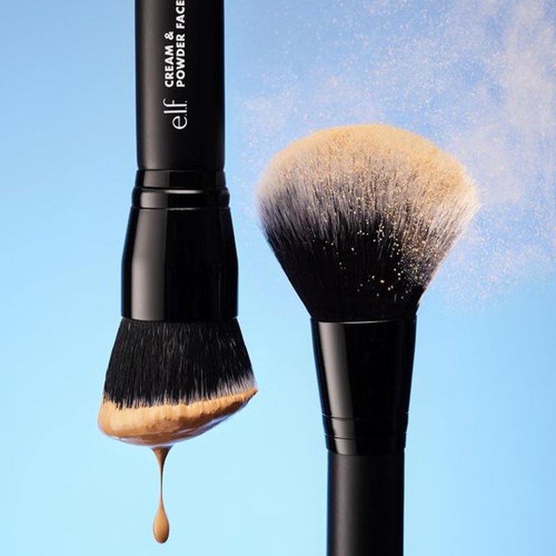 e.l.f. Dual-Ended Cream & Powder Brush - Two-in-One Makeup Tool for Airbrushed Complexion, Vegan & Cruelty-Free