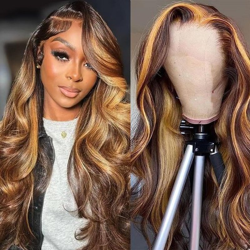 Mocwavy 13x6 Body Wave 200% Density Highlight Ombre Lace Front Wig Human Hair Glueless 24 inch HD Transparent 4/27 Honey Blonde Lace Frontal Wigs Human Hair Pre Plucked With Baby Hair