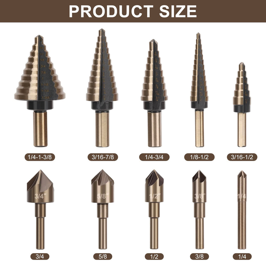 5 Pcs Step Drill Bit & 5 Pcs Countersink Drill Bit Set, Titanium High Speed Steel Step Drill Bit, 50 Sizes of Step Bits for Metal, HSS Step Bit with Aluminum Case for DIY, Multiple Hole Stepped Up Bit