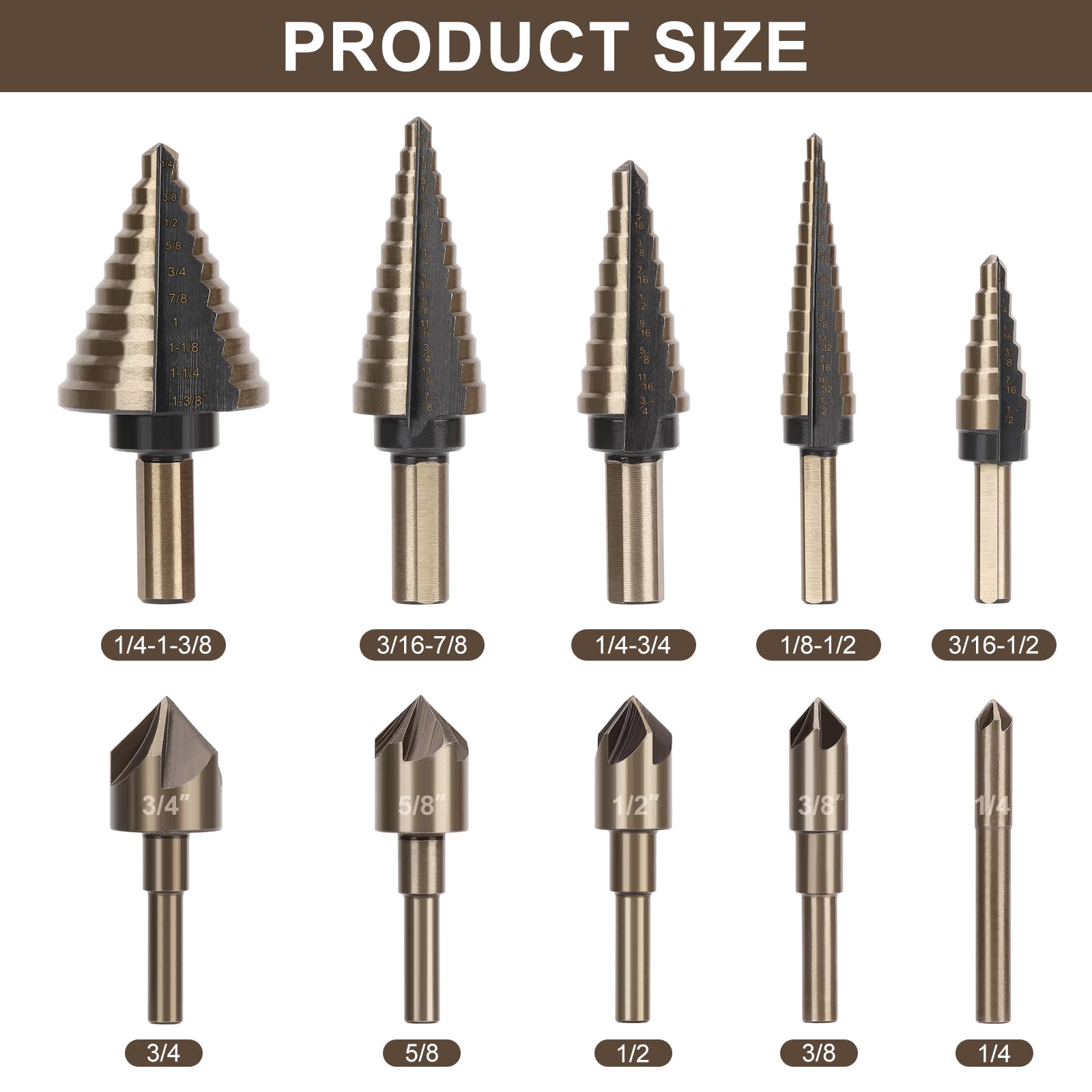 5 Pcs Step Drill Bit & 5 Pcs Countersink Drill Bit Set, Titanium High Speed Steel Step Drill Bit, 50 Sizes of Step Bits for Metal, HSS Step Bit with Aluminum Case for DIY, Multiple Hole Stepped Up Bit