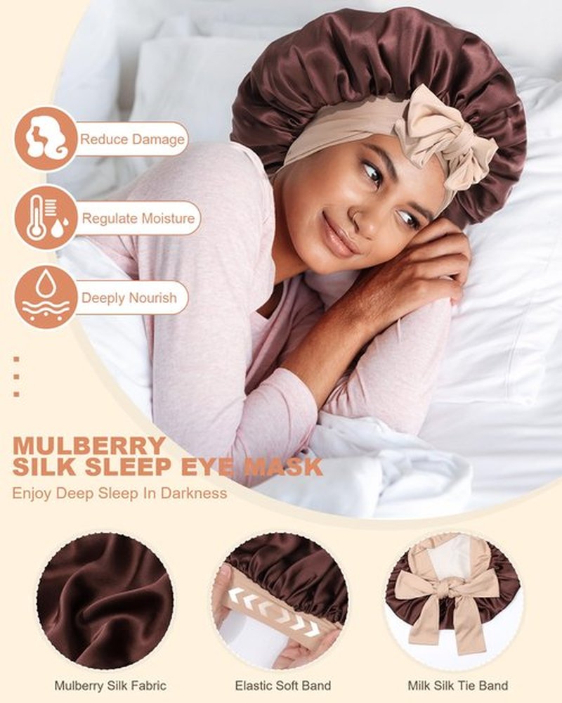 Mulberry Silk Bonnet Sleeping Women Curly Hair Bonnets Tie Band Double Layer Reversible Sleep Bonnet Silk Hair Wrap Sleep Cap