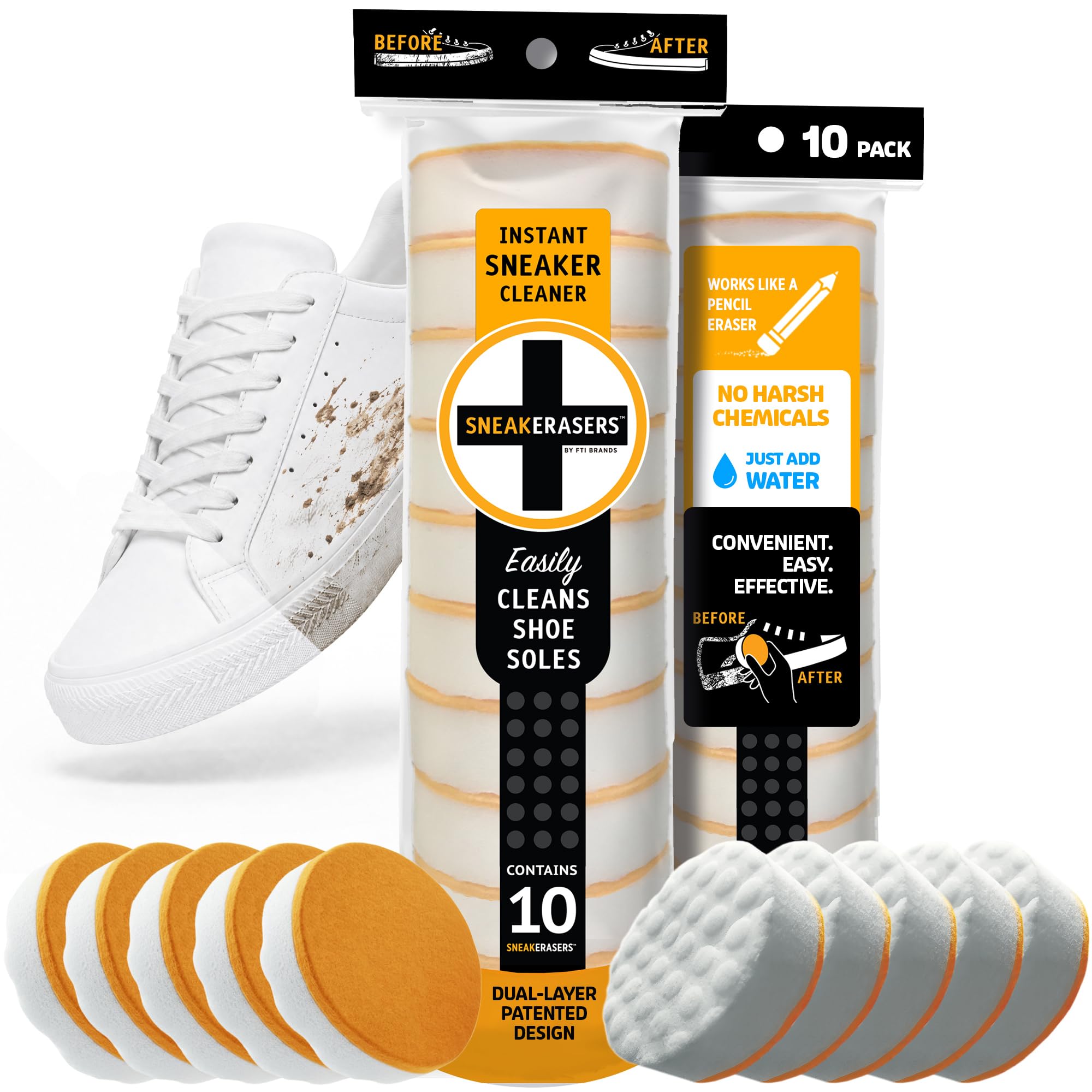 SneakERASERS Instant Sneaker Cleaner, Premium Shoe Cleaning Kit for Sneakers, Dual-Sided Sponges, Effective for Tennis Shoes & Women Men Sneakers, Gentle Rub Design (10 Pack)