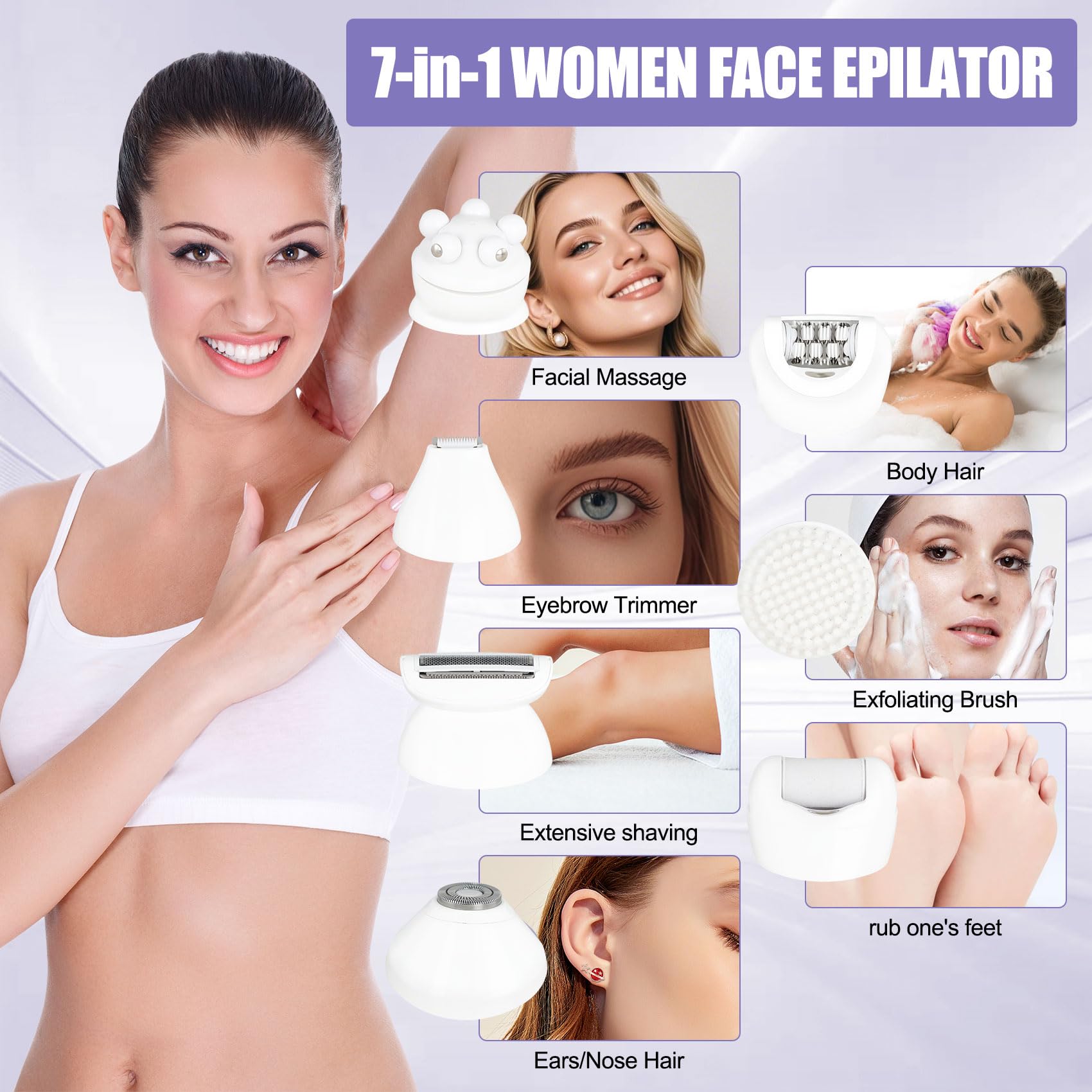 3.0 Women Face Epilator, 7-in-1 Rechargeable Facial Hair Remover with LED Battery Display, Facial Shaver for Face, Eyebrow, Nose Trimmer (White)