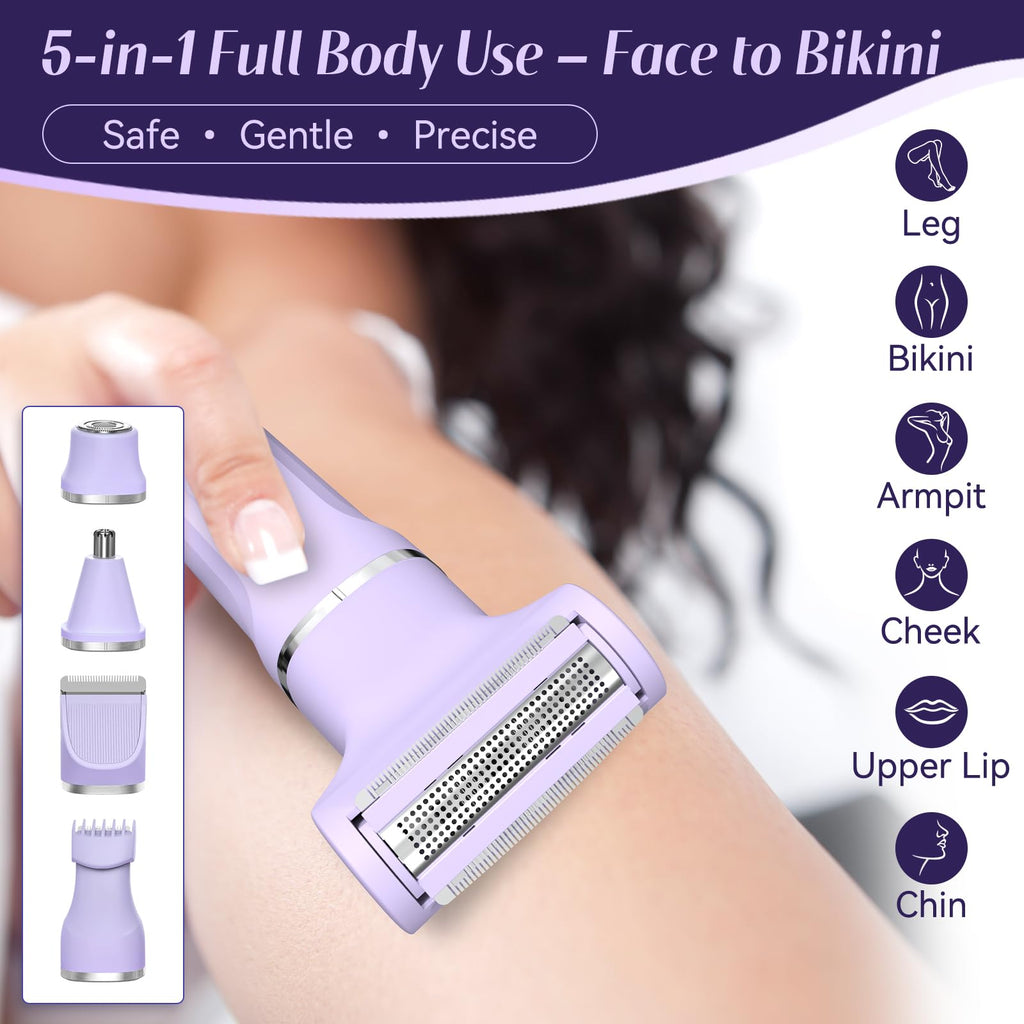 5-in-1 Bikini Trimmer for Women, Electric Razors Shaver IPX7 Waterproof, Cordless Body Hair Trimmer, Ceramic Blade, Facial & Pubic Hair Removal, Travel Portable (Purple)