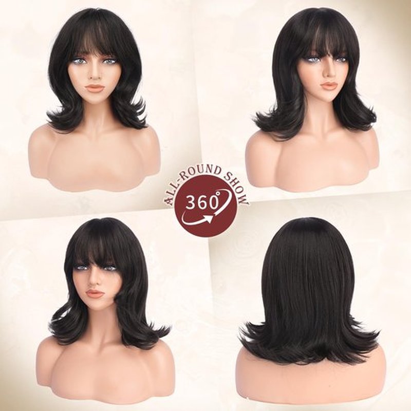FESHFEN Shoulder Length Bob Wigs with Bangs for Women - Dark Brown Natural Layered Wavy Synthetic Wig For Daily Party Costume Use 14 Inch