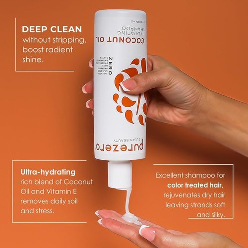 PureZero Coconut Oil Shampoo & Conditioner Set - Vegan Hydrating Formula for Dry or Color-Treated Hair | 2 × 12 oz, Sulfate-Free & Paraben-Free