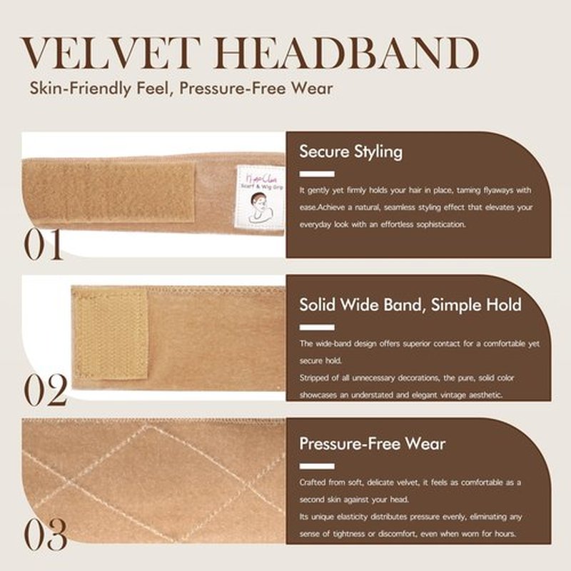 HappClan Velvet Wig Grip Bands - 2 Pcs Adjustable Non-Slip Headbands + 4 Pcs Caps for Women, All-Day Comfort Secure Wear Accessories (Beige)