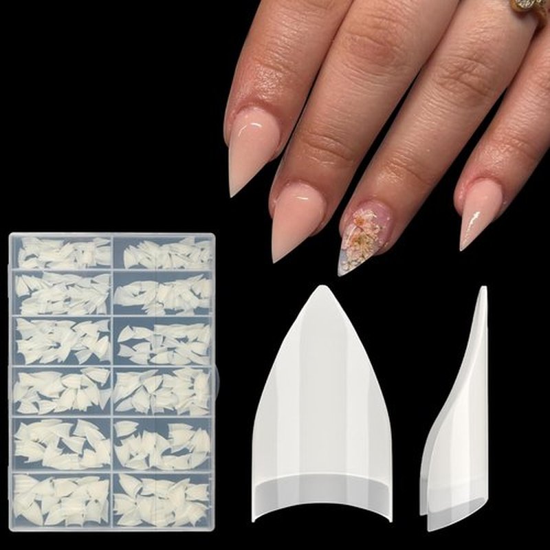 BXKM 504 Pcs Short Stiletto Nail Tips, 12 Sizes Pre-shape Gel Acrylic Clear Half Cover Fake Nail Tips for Extension Home DIY Salon