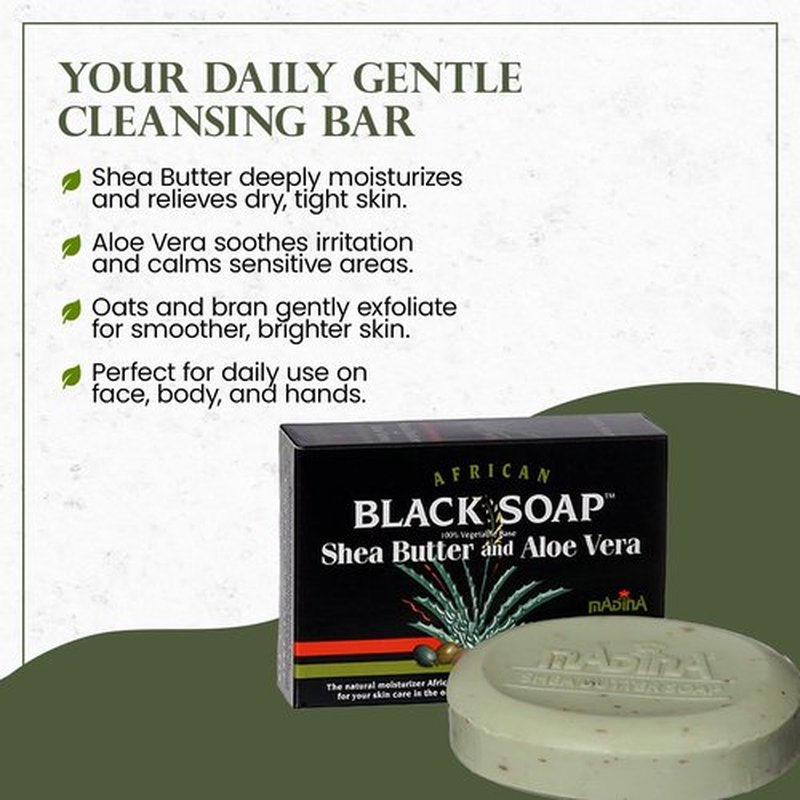 Madina African Black Soap Bar – Shea Butter, Aloe Vera, Moisturizing, Gentle Exfoliating, 100% Vegetable-Based, For All Skin Types, Face & Body Cleanser, 6 Pack (3.5 oz Each)