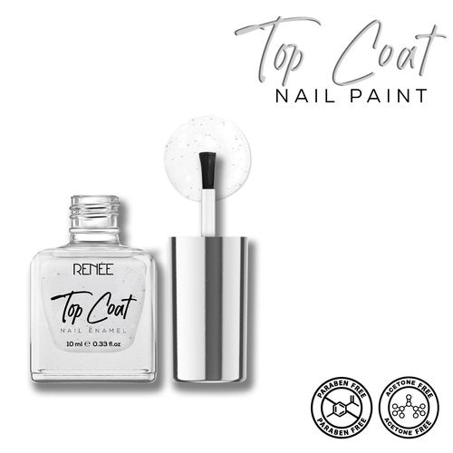 RENEE Top Coat Glossy Finish Nail Enamel, Quick Drying, Long Lasting, Chip Resisting Formula With High Shine & Full Coverage, One Stroke Application, Translucent Layer, 10 Ml
