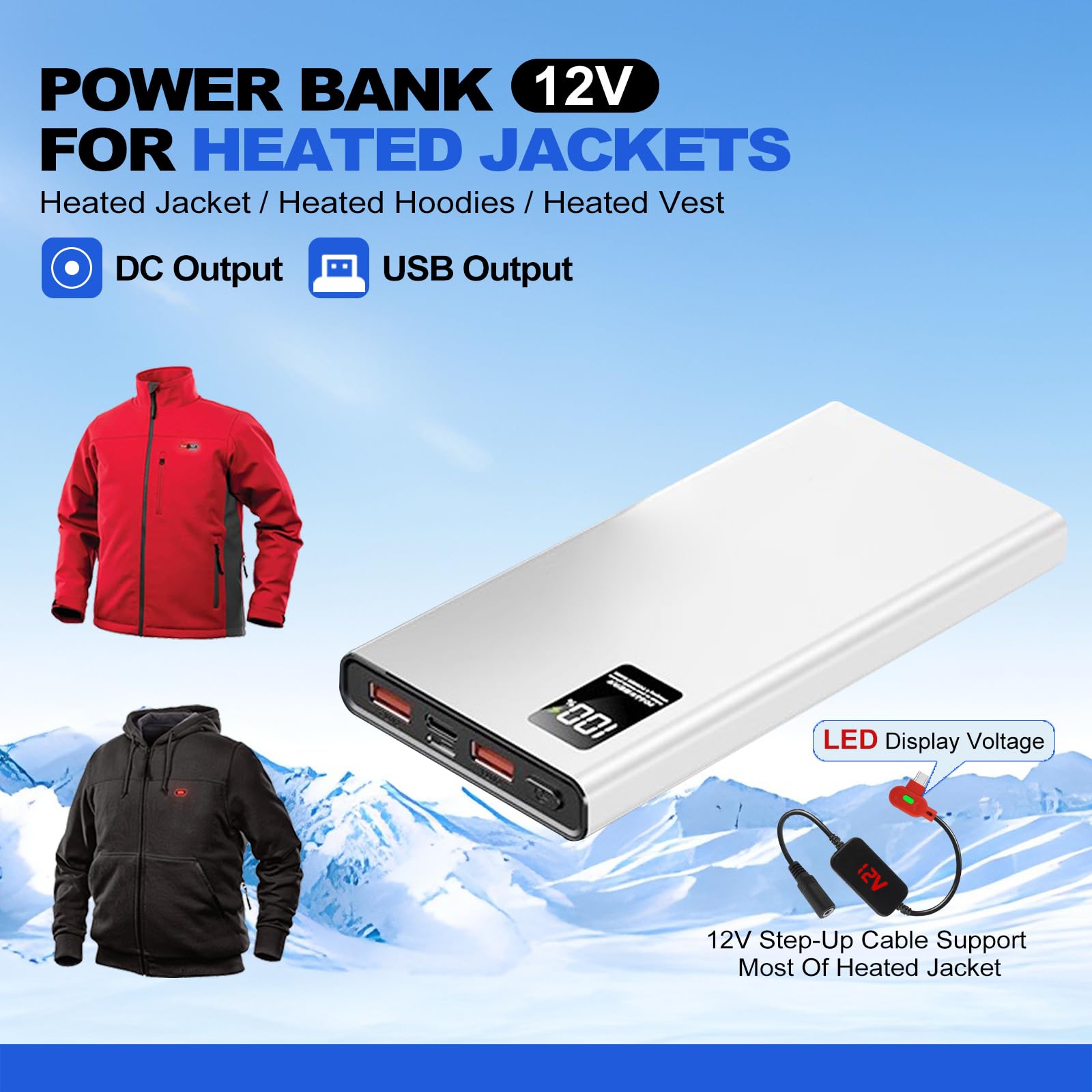 Smarkey Heated Jacket Battery Replacement QC3.0 PD Power Bank with Type C to DC5.5mm Output 12V Step-Up Adapter Battery Cable for Milwaukee M12,Makita, Snap-on, Metabo, Craftsman, AEG