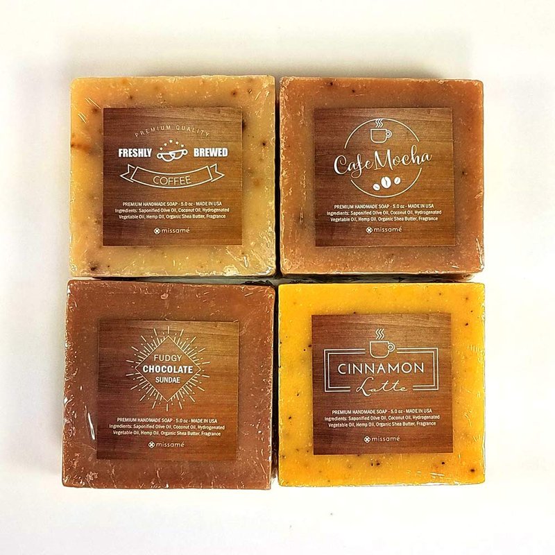Missamé Handmade Bar Soap Gift Set, Coffee And Chocolate Scented, 4 Full Sized Bars 5.0 oz Each, Saponified Olive Oil Base With Organic Shea Butter, Best For All Skin Types