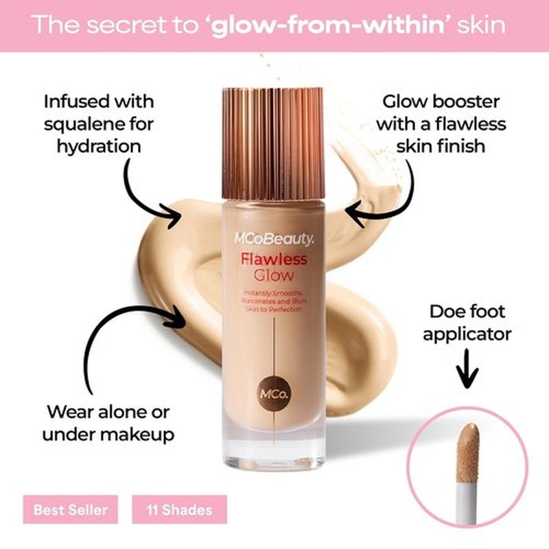 MCoBeauty Flawless Glow Luminous Skin Filter - 4-in-1 Primer, Highlighter & Foundation Booster - 2 Fair Dewy Tint with Squalane & Vitamin E - Vegan & Cruelty Free