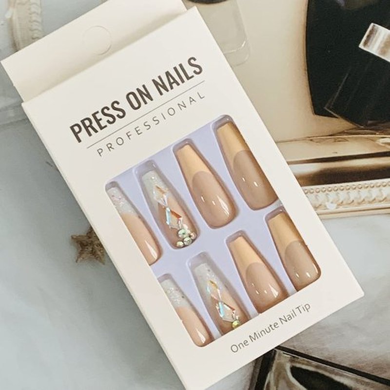 Press on Nails Coffin Long Length, 24 Pcs Full Cover Reusable Butterfly False Nails with Sticky Tabs, Artificial Acrylic Fake Nails with Rhinestone Designs, Stick on Nails Square for Women