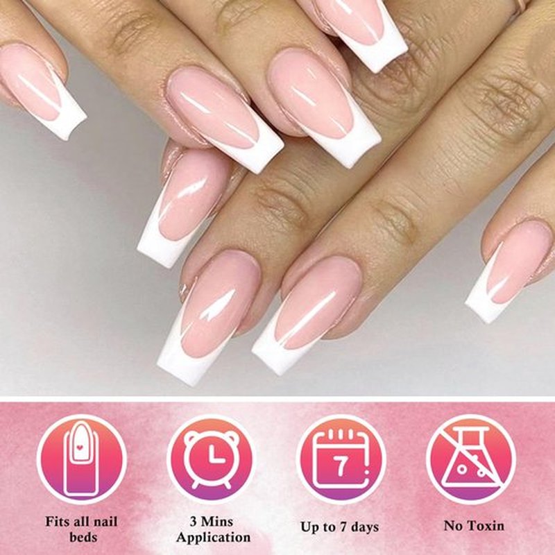 AddFavor 120pcs White French Tip Press on Nails Medium Square Fake Nails Nude False French Tip Nails Press ons Nail Acrylic Artificial Stick Nail with Adhesive Tab for Women Girls
