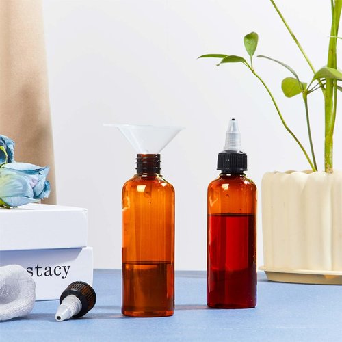 Barydat 24 Pcs 3.4 oz Amber Squeeze Bottle Twist Top Applicator Empty Hair Oiling Bottle with 4 Funnels Refillable Plastic Liquid Containers for Liquid Hair Oil Shampoo Lotion