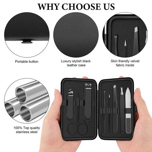 Manicure Set 8pcs Professional Nail Clippers Kit Pedicure Care Tools-Stainless Steel Grooming Tools for Travel (Black)