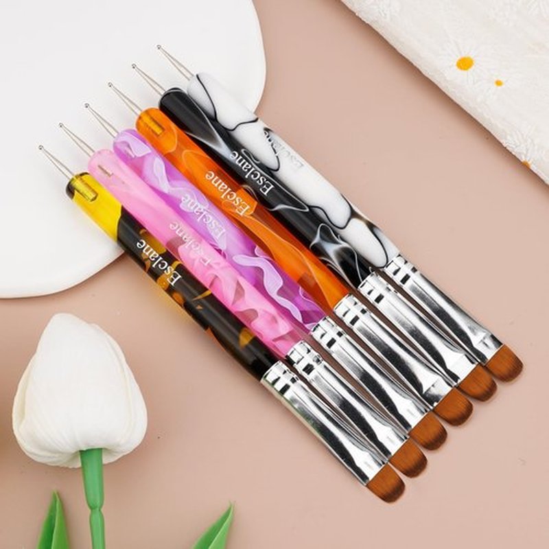 4PCS French Manicure Brush, Two Way Nail Art Brush with Dotting Tool for Cuticle Clean Up & Nail Art Design, French Nail Brush Professional Salon (Black)