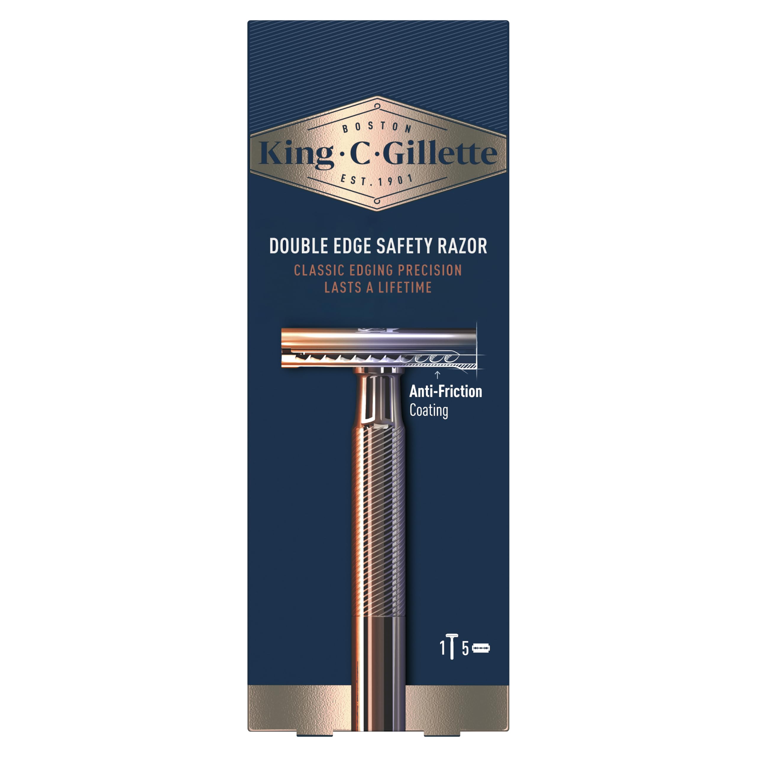 King C. Gillette Double Edge Safety Razor for Men, 5 Platinum Coated Double Edge Razor Blades, Gifts for Men