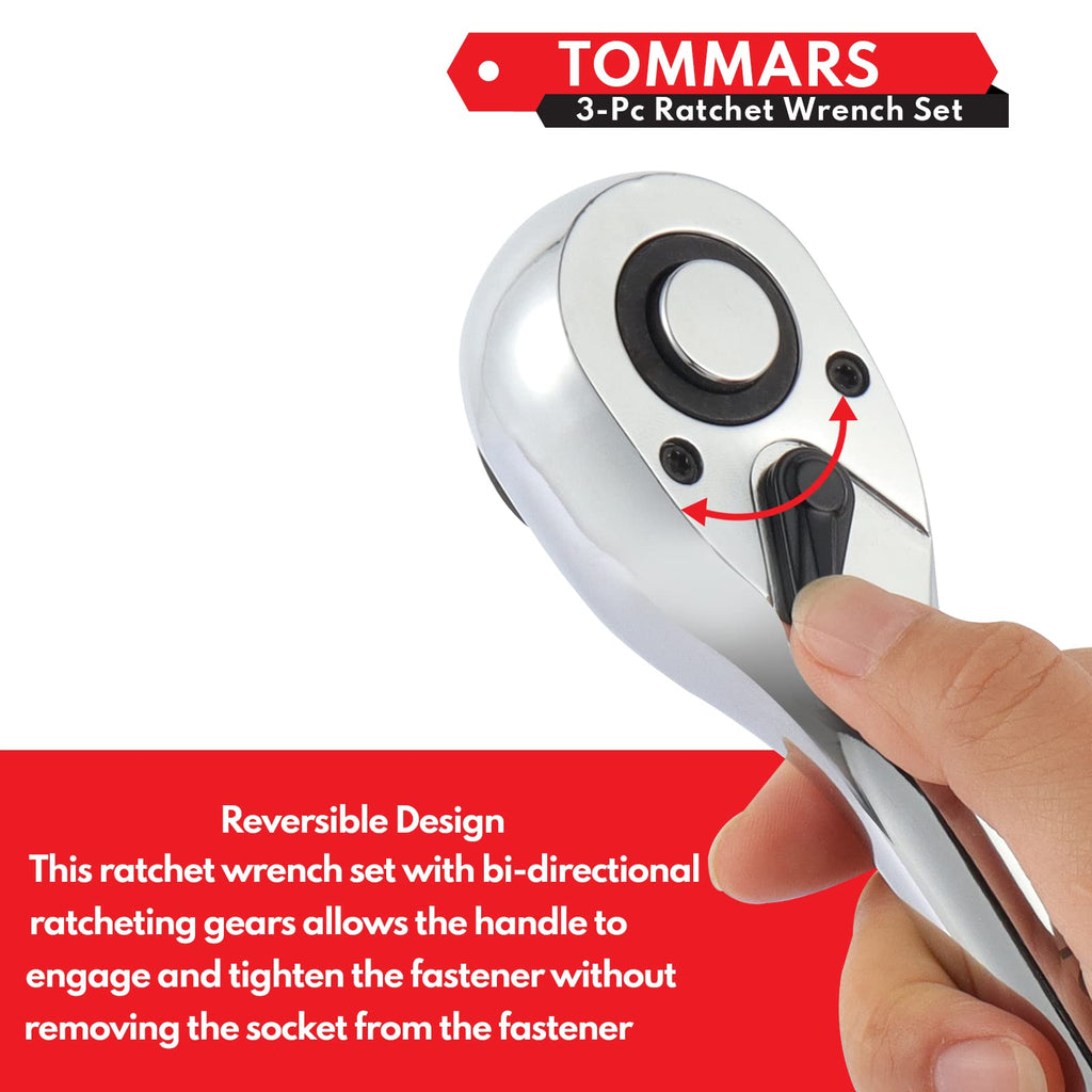 TOMMARS Ratchet Set 1/4" 3/8" 1/2" Drive Ratchet Socket Wrench Kit 72-Tooth Quick-Release Reversible, Cr-V Alloy Steel
