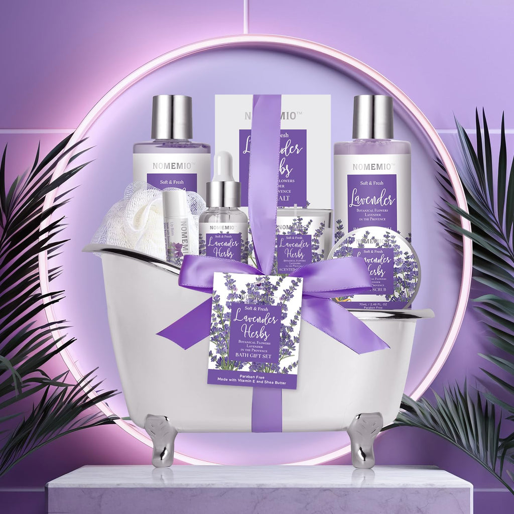 Mother's Day Gift, Spa Gift Basket for Women, 8pcs Lavender Spa Kit Set with Body Wash, Bubble Bath, Scrub, Bath & Beauty Skin Care Gift Sets, Christmas Gifts Set for Women, Her, Mom