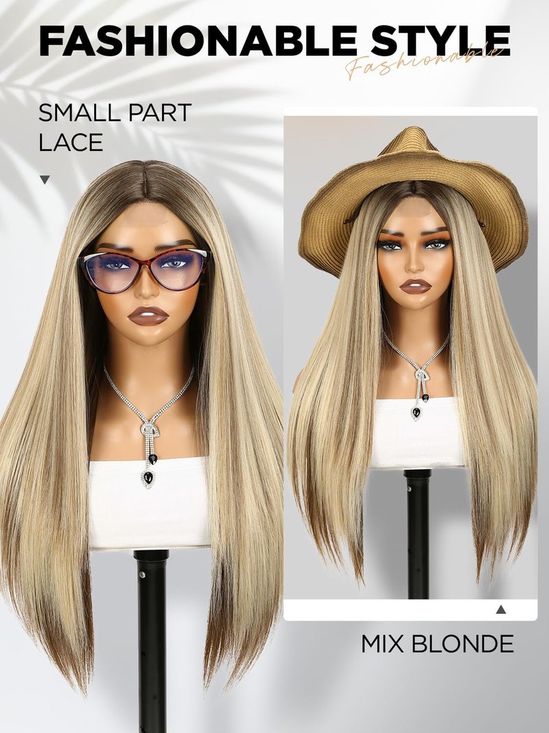 WIGRE Long Straight Wig 26 Inches Middle Part Mix Blonde Wigs for Women Daily Use Ombre Brown Highlight Honey Blonde Wig Synthetic Heat Resistant Hair for Valentine's Day/Music Festival/Carnival
