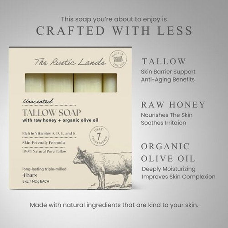 THE RUSTIC LANDS Fragrance Free Natural Tallow Soap Bars Set of 4 - Grass Fed Beef Tallow with Raw Honey & Olive Oil - USA Soap for Sensitive Skin, Moisturizing Bath & Body, 5oz Each