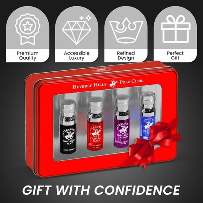 Beverly Hills Polo Club Men's Cologne Gift Set - 4 Premium Scents in Deluxe Tin Box | Perfect Travel Collection