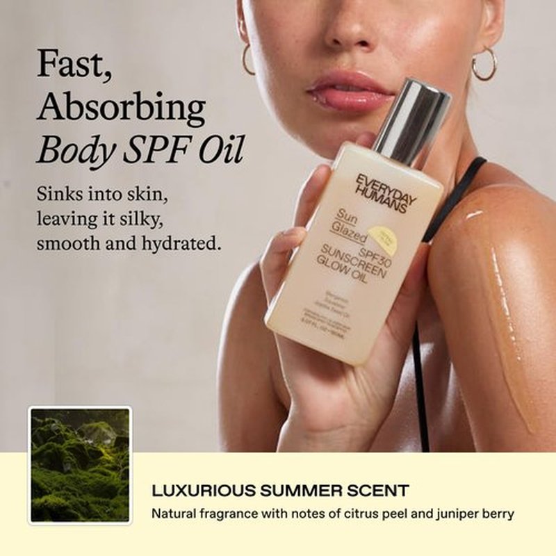 Everyday Humans Sun Glazed SPF30 Sheer Body Glow Oil with Gold Mica | Hydrating Non-Sticky Glowing UV Protection Cruelty Free 5.1 Fl Oz | Bergamot, Squalane, Jojoba Seed Oil | UVA/UVB Broad Spectrum