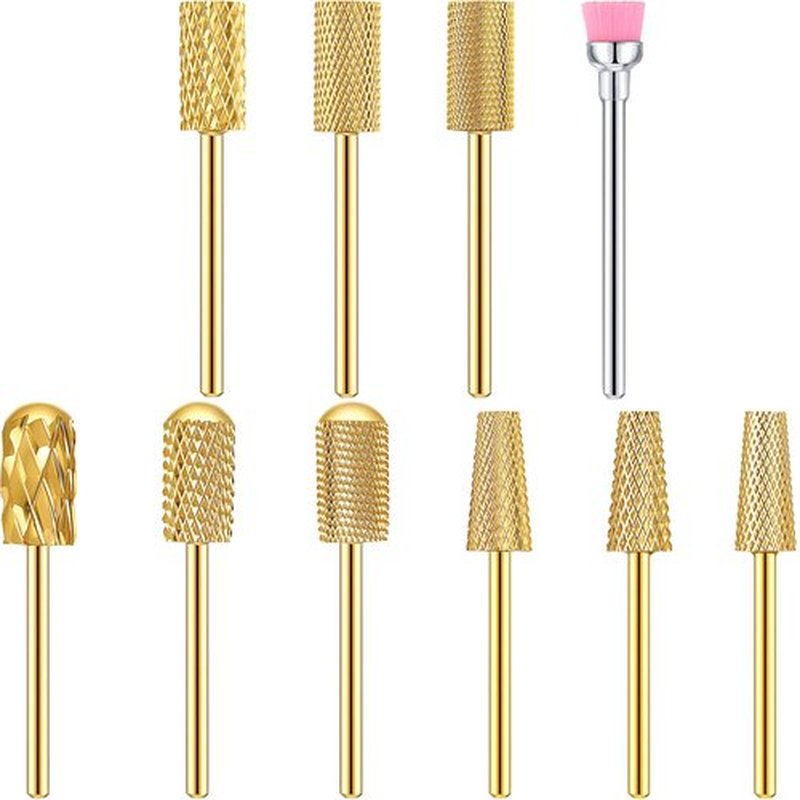 Honoson 10 Pcs Nail Drill Bits Set, 3/32 Inch Cuticle Tungsten Carbide Bit for Nail Drill Nails, File Remove Acrylic Gel Polish Manicure Pedicure Tool for Salon Home Supplies(Gold)