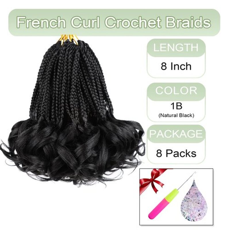 French Curl Crochet Braids Short French Curl Braiding Hair Pre Looped Crochet Hair for Black Women 8 Inch Box Braids Crochet Hair with Curly Ends French Curly Braiding Hair Extensions French Curl(1B)