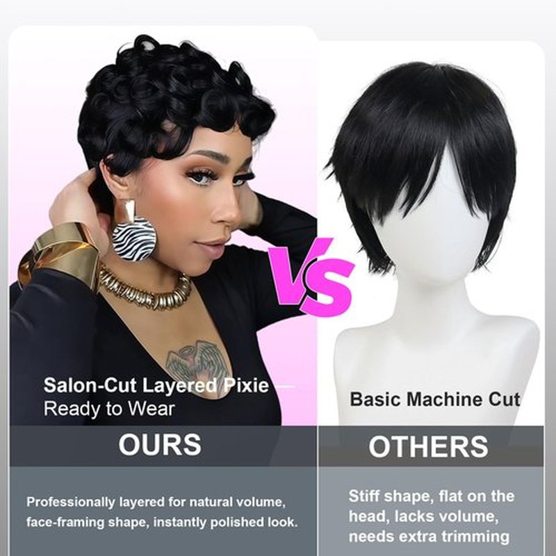 showreal Pixie Cut Wigs Human Hair for Black Women Short Pixie Cut Wigs 100% Real Human Hair Lightweight Glueless Natural Black Layered Pixie Wig(025-1B)