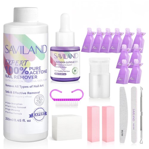 SAVILAND Pure Acetone Nail Polish Remover Kit: Gel Polish Remover with Professional Nail Polish Removal Tools Safe Gel Remover for Nails Fast & Easy Removal with Cuticle Oil Salon Home DIY 8.45 FL Oz