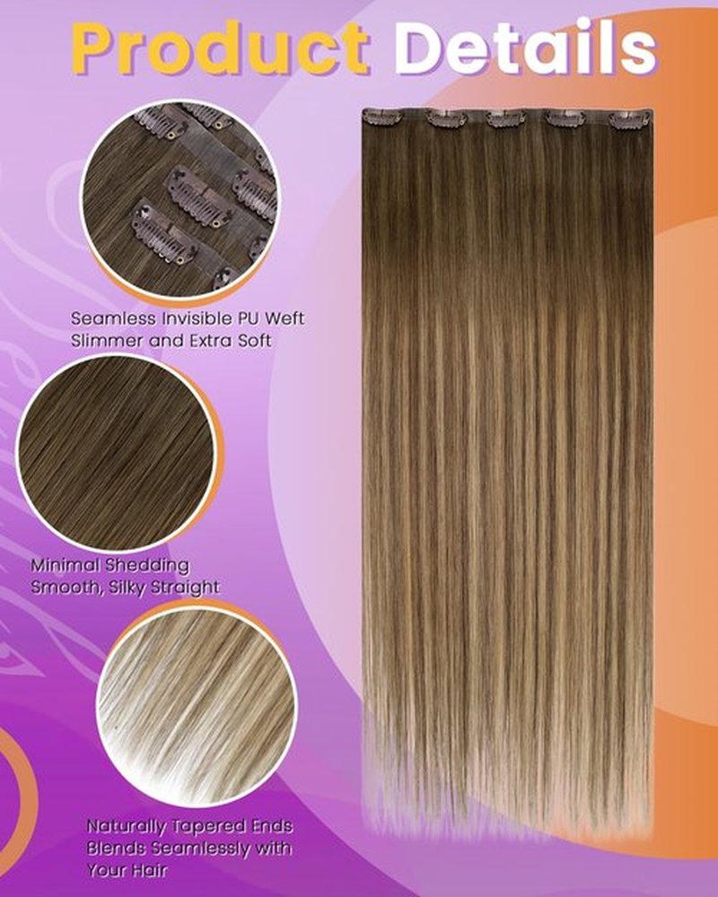 LaaVoo Seamless Clip in Hair Extensions Human Hair Balayage Brown Seamless Hair Extensions Clip in Balayage Brown Mix Golden Blonde Clip ins Hair Extension Soft Straight 18Inch 4pcs 90g