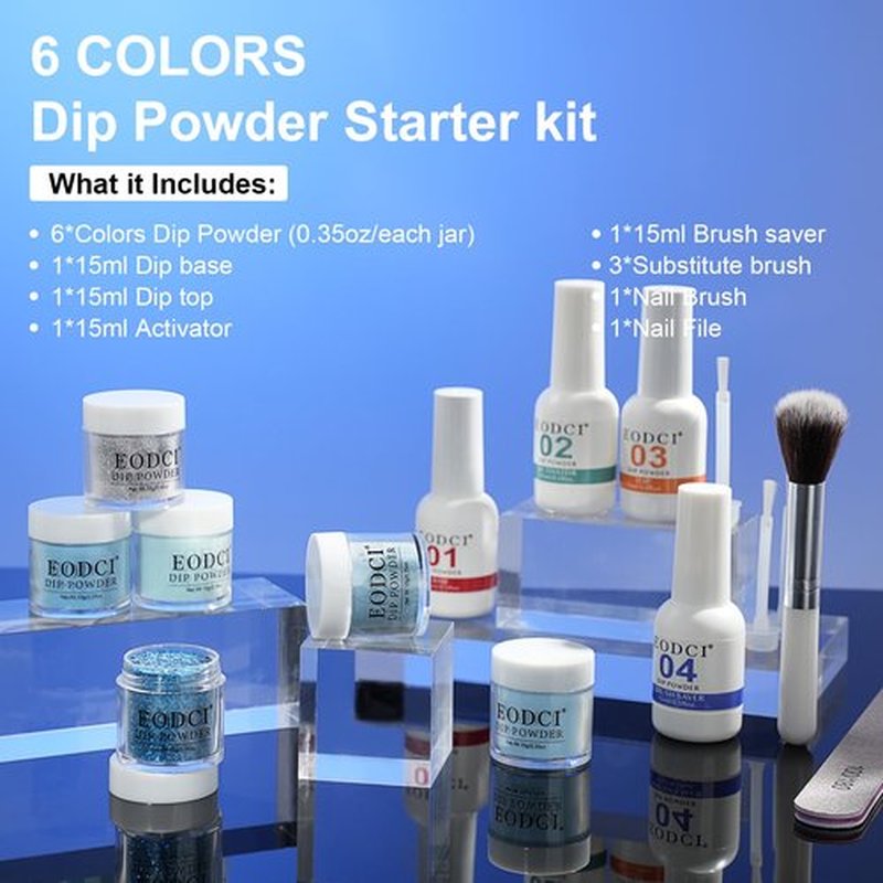 Eodci 12 Pcs Dip Powder Nail Kit Starter, 6 Colors Glitter Blue Snow Dipping Powder Kit With Base & Top Coat/Activator/Brush Saver, Nail Art Manicure Salon DIY for Daily at Home Party Gifts for Women