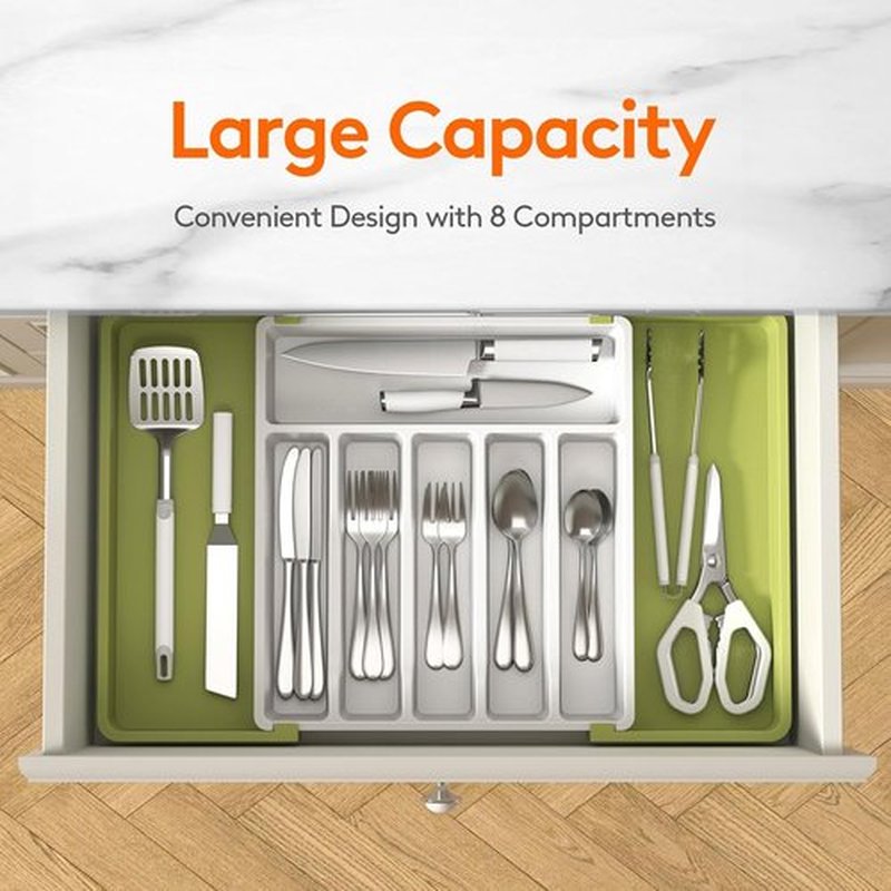Lifewit Expandable Silverware Drawer Organizer - BPA-Free Utensil Tray for Kitchen | Adjustable 13-22 x 15" Green & White