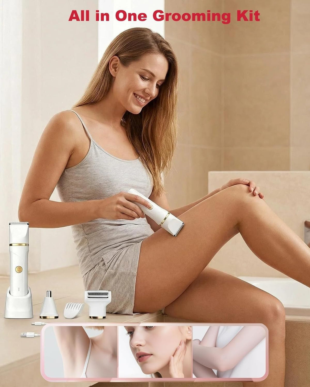 RAXMETRY Bikini Trimmer for Women Men, 3-in-1 Electric Razors for Pubic Hair, IPX7 Waterproof Replaceable Shaver Head with Nose Hair Trimmer for Travel, White