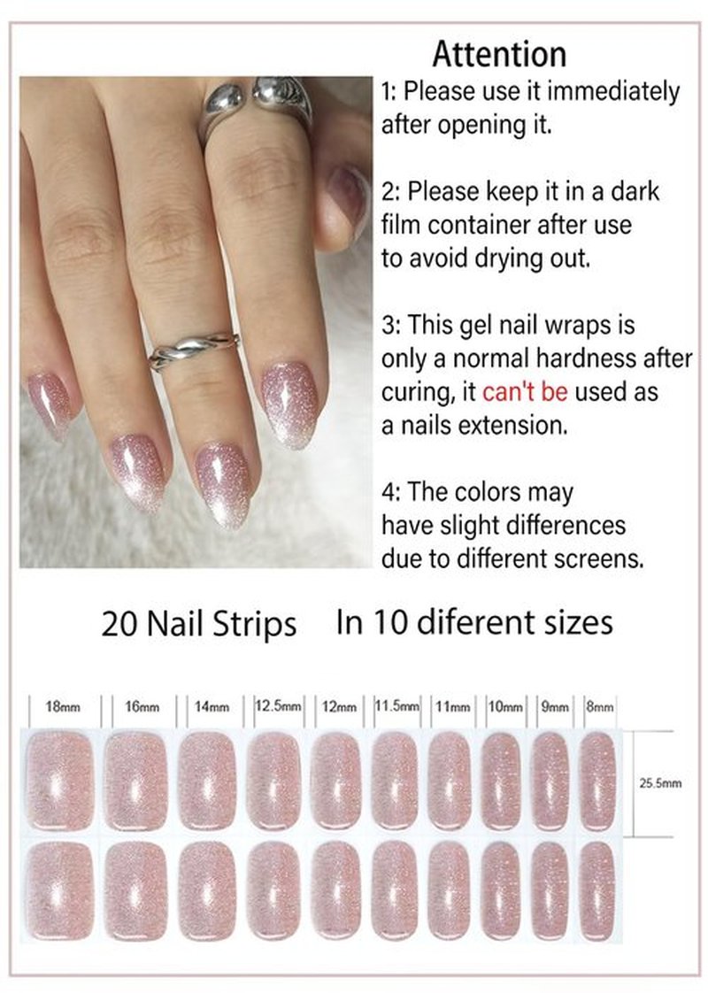 Semi Cured Gel Nail Strips, Cat Eye 20pcs Adhesive UV Sticker, Wraps for Home Manicure DIY