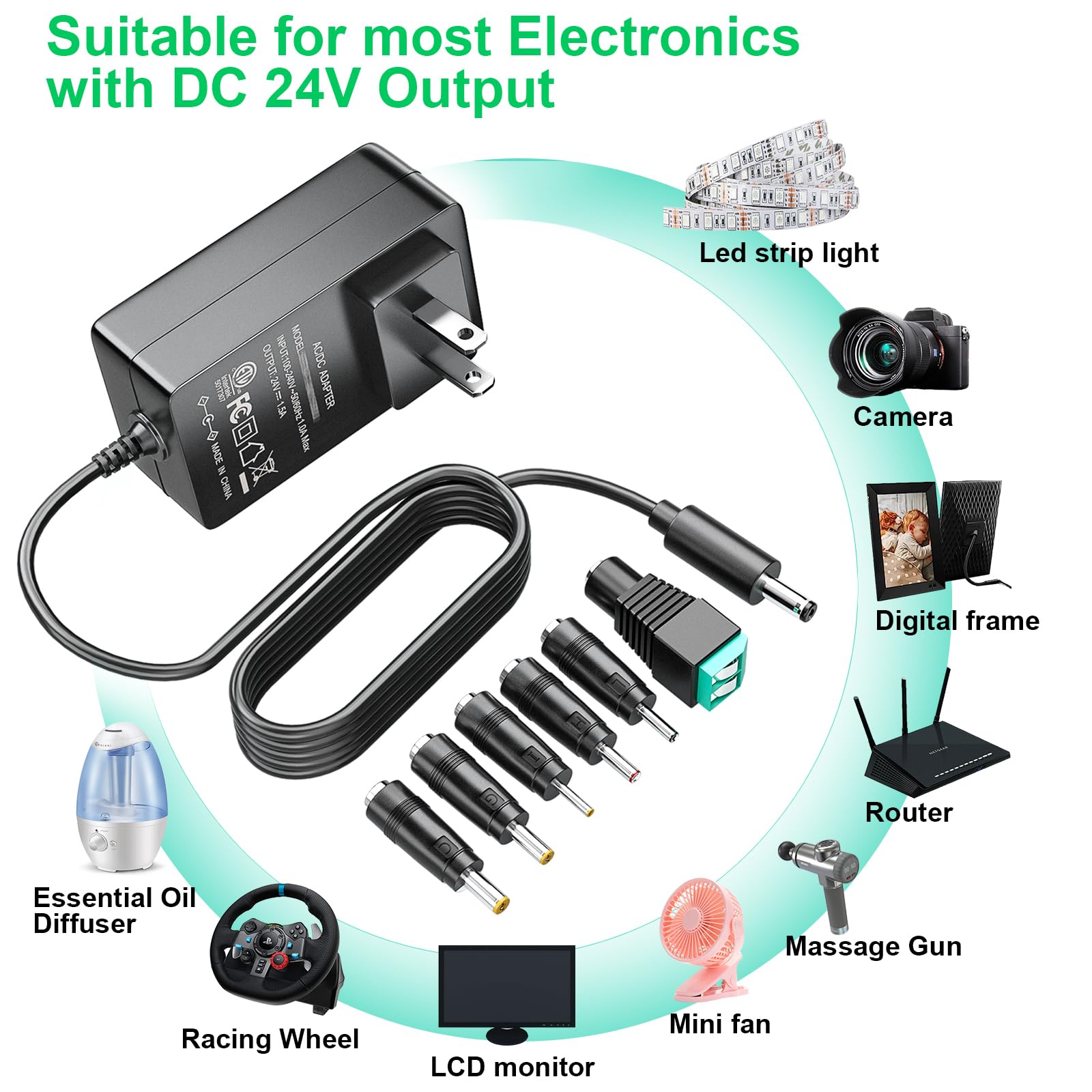 SoulBay 24V 1.5A Power Adapter AC 100-240V to DC 24 Volt 1500mA Switching Power Supply Charger with 6pcs Adapters for Massage Gun LED Strip Light CCTV Camera Diffuser Humidifier Soundbar Printer