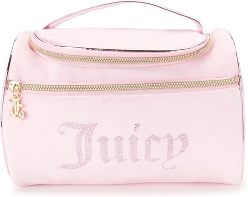 Juicy Couture Pink Makeup Bag - Velour Cosmetics Organizer with Rhinestones for Travel Essentials