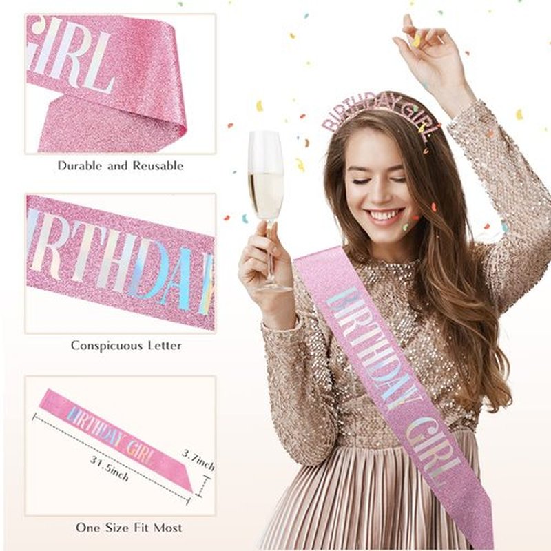 2Pcs Birthday Sash,Birthday Sash for Women Pink Birthday Girl Sash Glitter Birthday Sash and Tiara for Women Birthday Crowns for Women Happy Birthday Decorations Accessories Birthday Girl Headband