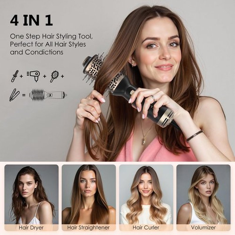 Travel Blow Dryer Brush, 4-in-1 Auto Dual Voltage (100-240V) Hot Air Brush, 2 Inch Mini Hair Dryer Brush & Styler for Voluminous Smooth Hair, Lightweight with EU/UK Plug for Home & Salon(Gold)