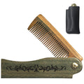 CHGCRAFT Retro Pattern Folding Wooden Comb, Carved Fine Tooth Hair Comb with Imitation Leather Protective Cover for Men Beard Mustache Grooming, Travel Pocket Comb Gift for Husband