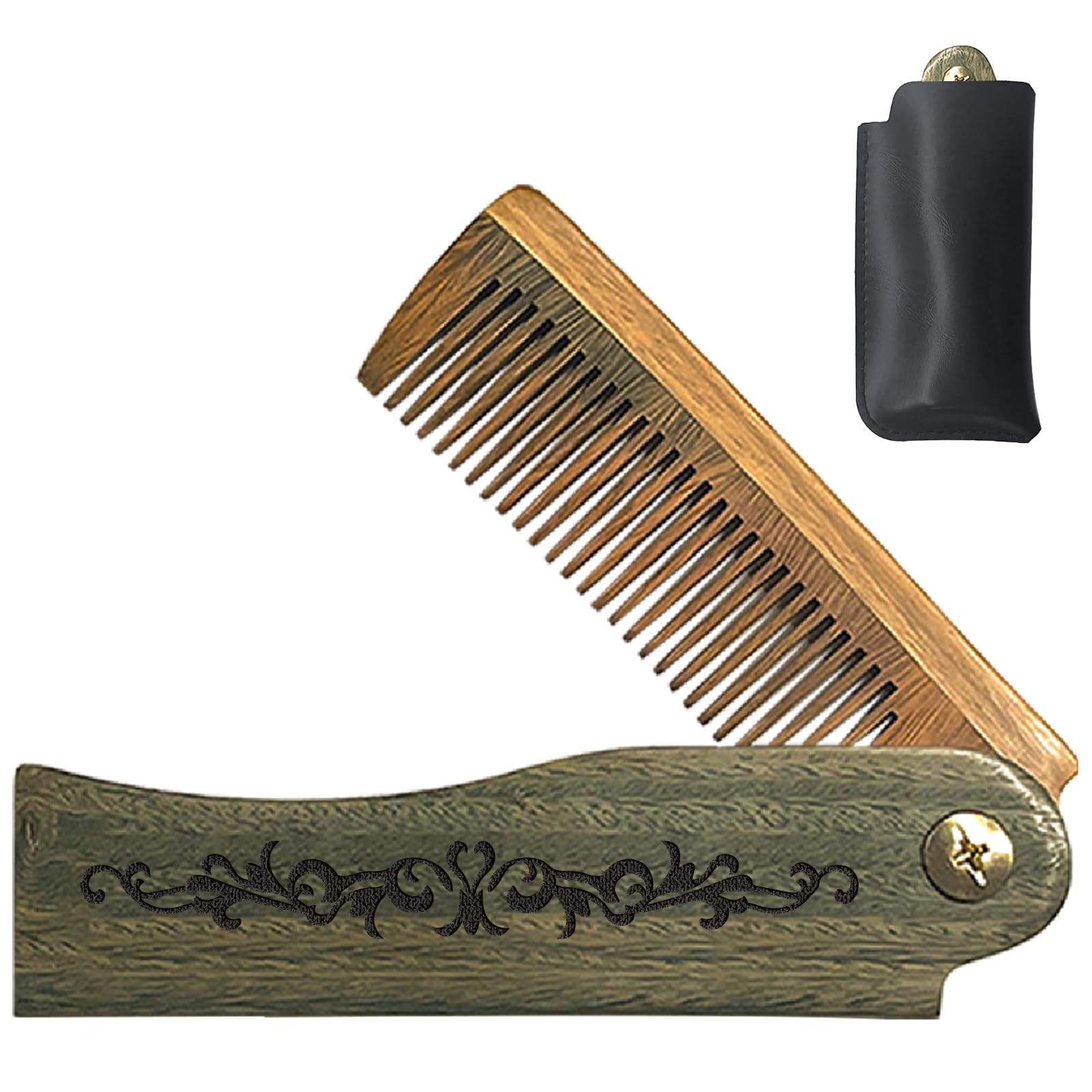CHGCRAFT Retro Pattern Folding Wooden Comb, Carved Fine Tooth Hair Comb with Imitation Leather Protective Cover for Men Beard Mustache Grooming, Travel Pocket Comb Gift for Husband