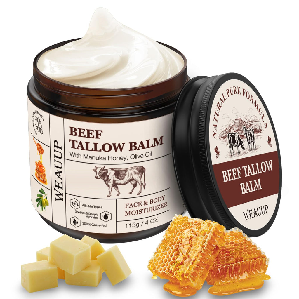 WEAUUP Beef Tallow for Skin, Organic Grass Fed Whipped Beef Tallow Balm, Tallow and Honey Balm with Raw Honey and Beeswax, Nourishing Moisturizer for Face & Body Natural Skin Care for Soft