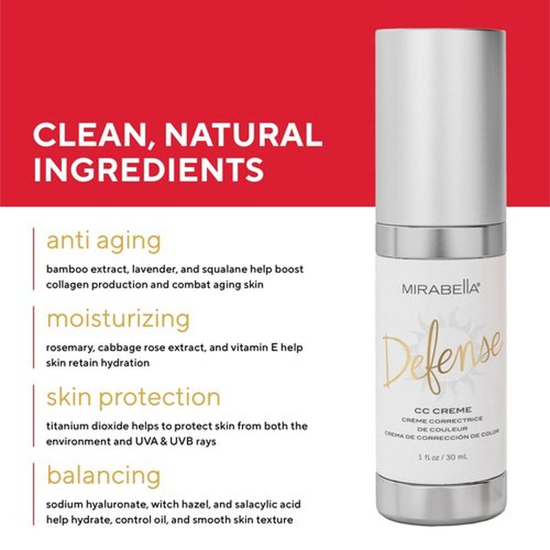 Mirabella Defense CC Creme Full Coverage Foundation with SPF 20, CC Cream Foundation with Sunscreen & Hyaluronic Acid, Oil Control with Salicylic Acid - Fair