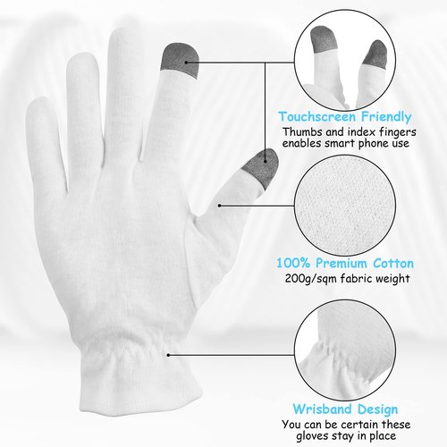 100% Cotton Moisturizing Gloves 4 Pairs, Touch Screen Friendly Cotton Gloves with Wristband and Washing Bag for Overnight Bedtime Eczema Dry Sensitive Irritated Skin Spa Therapy, Medium