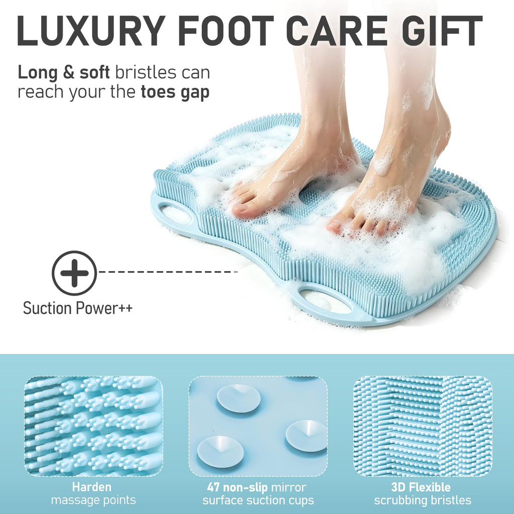 Mabnuby XL Shower Foot Scrubber Mat, Silicone Feet Massage Scrubber in Shower Clean Foot Toes Pad without Bending Non-slip Suction Cups -Blood Circulation Exfoliate Achy Relief 17.4*13.4" Light Blue