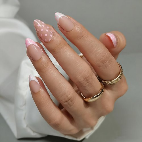 Pink Polka Dot French Tip Short Almond Press on Nails - Glitter Dots Gel Nails Kit, Reusable 32 Pcs with Glue & 16 Sizes for Women, Parties, Daily