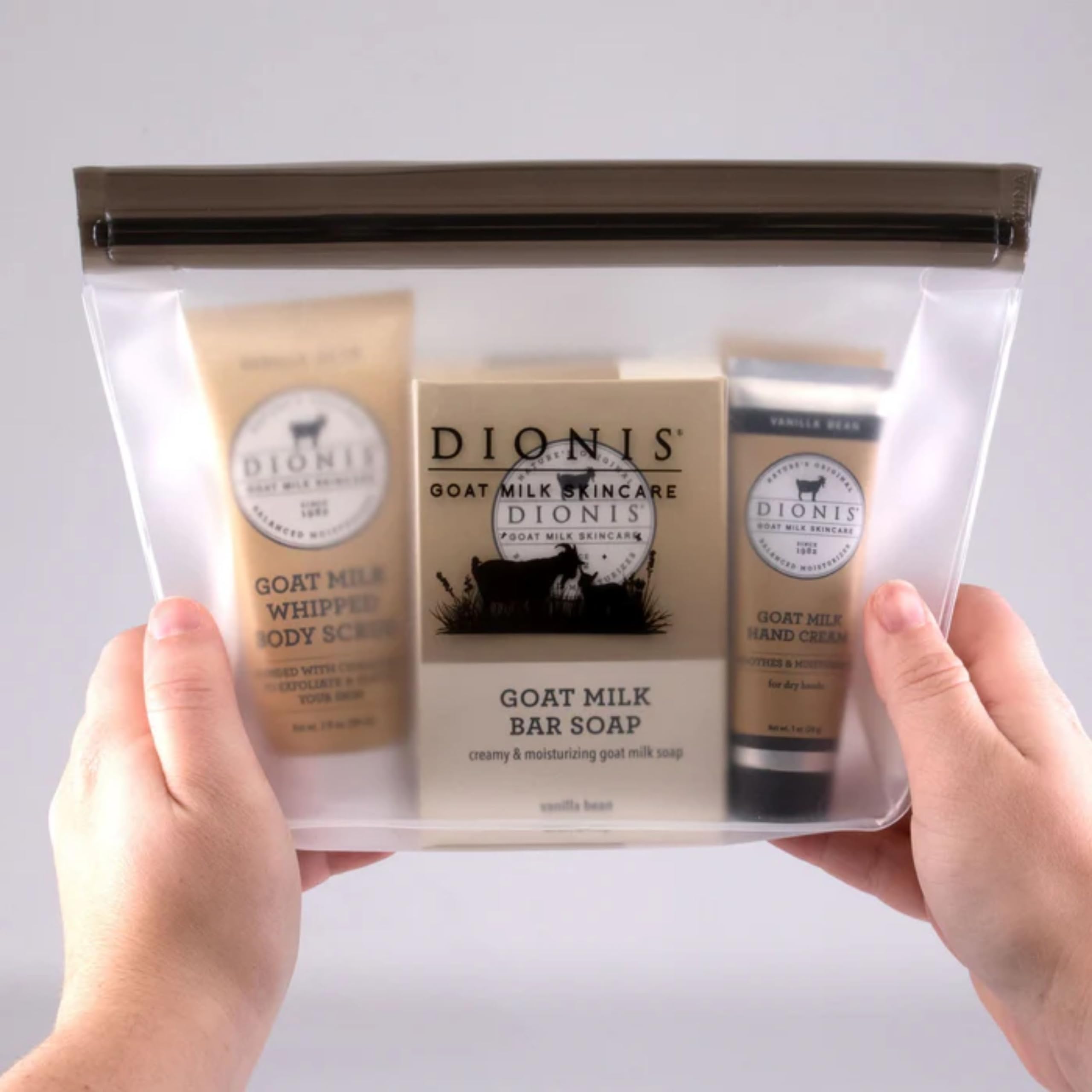 Dionis Goat Milk Vanilla Bean Hand Cream, Body Lotion, Whipped Body Scrub, Shave Butter, Bar Soap 6 oz & Carrying Case 6-Piece Travel Set